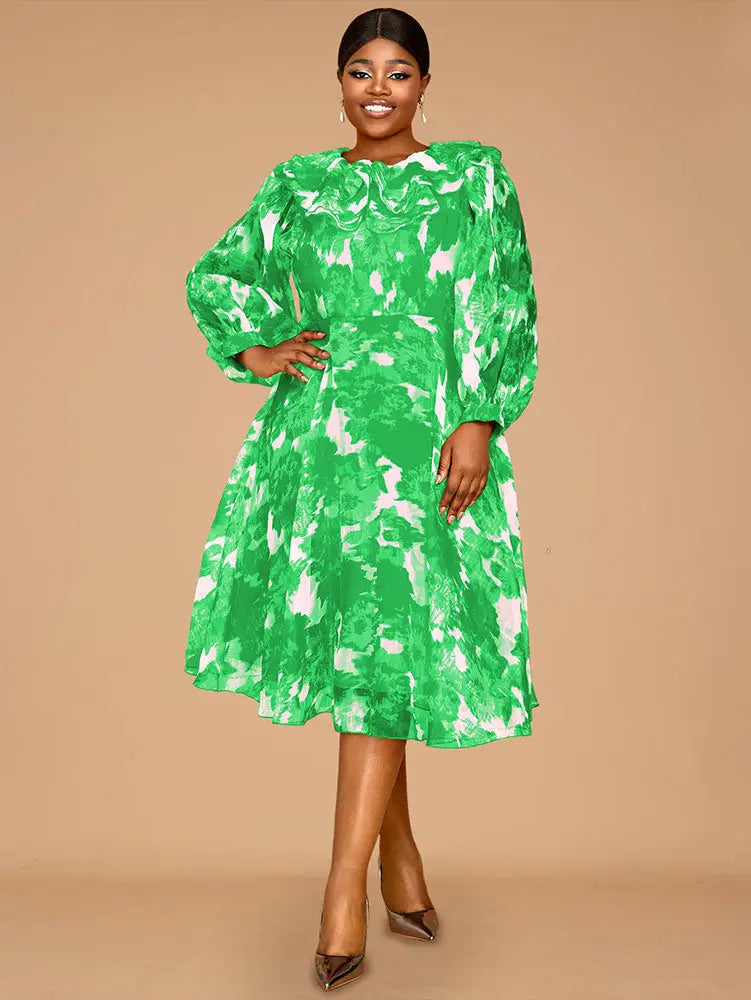 AOMEIDRESS Elegant Print A Line Midi Party Dress O Neck Latern Sleeves