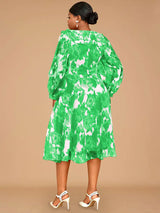 AOMEIDRESS Elegant Print A Line Midi Party Dress O Neck Latern Sleeves