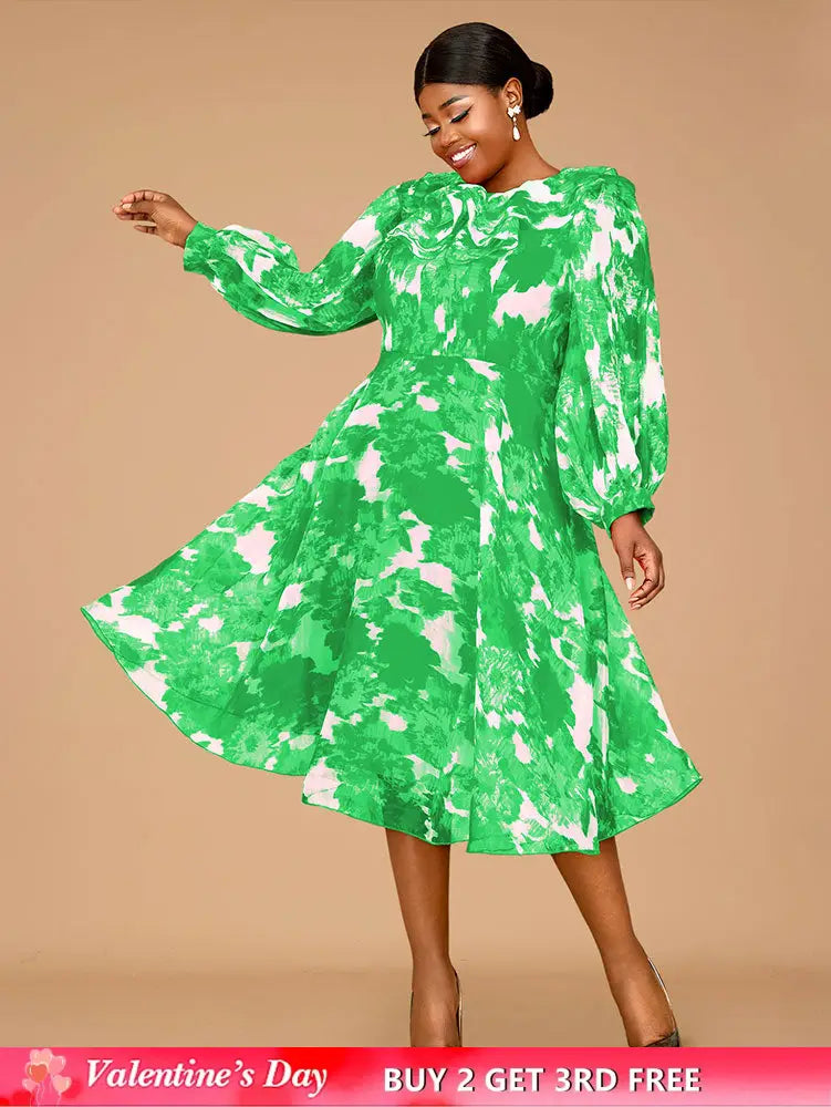 AOMEIDRESS Elegant Print A Line Midi Party Dress O Neck Latern Sleeves Green / S