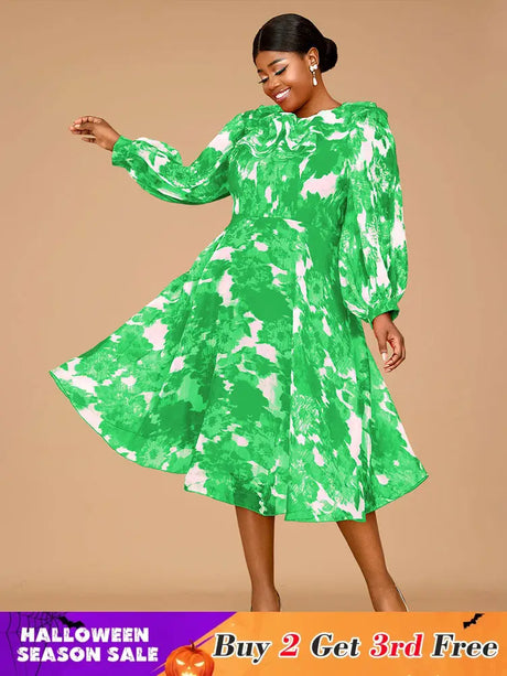 AOMEIDRESS Elegant Print A Line Midi Party Dress O Neck Latern Sleeves Green / S
