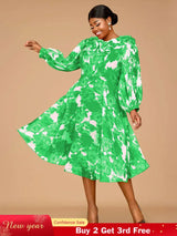 AOMEIDRESS Elegant Print A Line Midi Party Dress O Neck Latern Sleeves Green / S