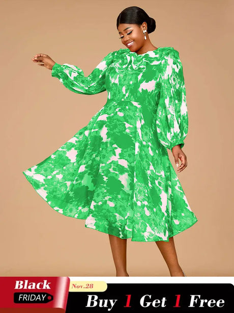 AOMEIDRESS Elegant Print A Line Midi Party Dress O Neck Latern Sleeves Green / S