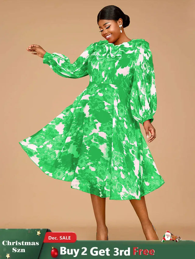 AOMEIDRESS Elegant Print A Line Midi Party Dress O Neck Latern Sleeves Green / S