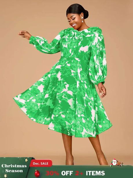 AOMEIDRESS Elegant Print A Line Midi Party Dress O Neck Latern Sleeves Green / S