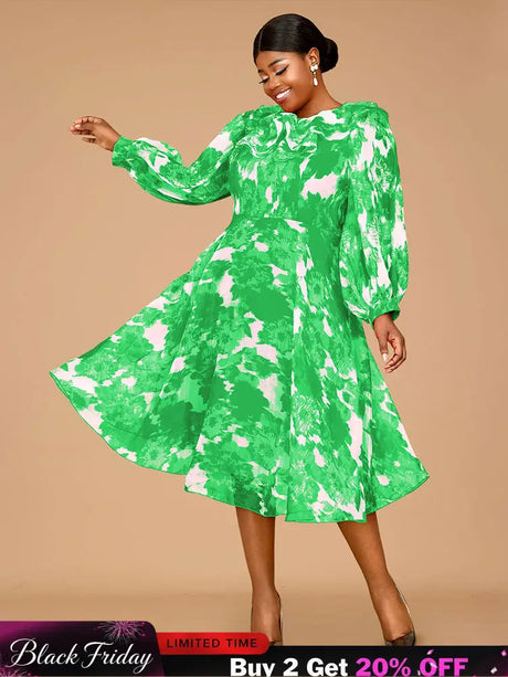 AOMEIDRESS Elegant Print A Line Midi Party Dress O Neck Latern Sleeves Green / S