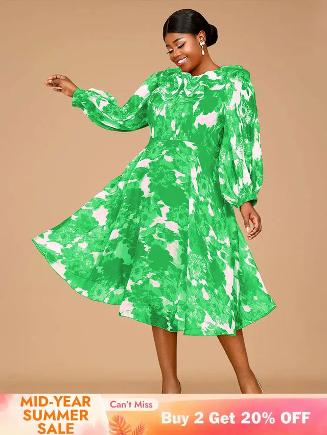 AOMEIDRESS Elegant Print A Line Midi Party Dress O Neck Latern Sleeves Green / S