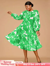 AOMEIDRESS Elegant Print A Line Midi Party Dress O Neck Latern Sleeves Green / S