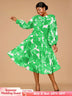 AOMEIDRESS Elegant Print A Line Midi Party Dress O Neck Latern Sleeves Green / S