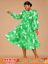 AOMEIDRESS Elegant Print A Line Midi Party Dress O Neck Latern Sleeves Green / S