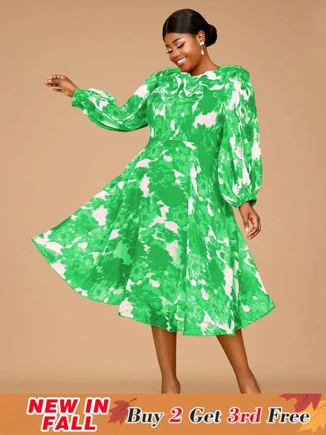 AOMEIDRESS Elegant Print A Line Midi Party Dress O Neck Latern Sleeves Green / S