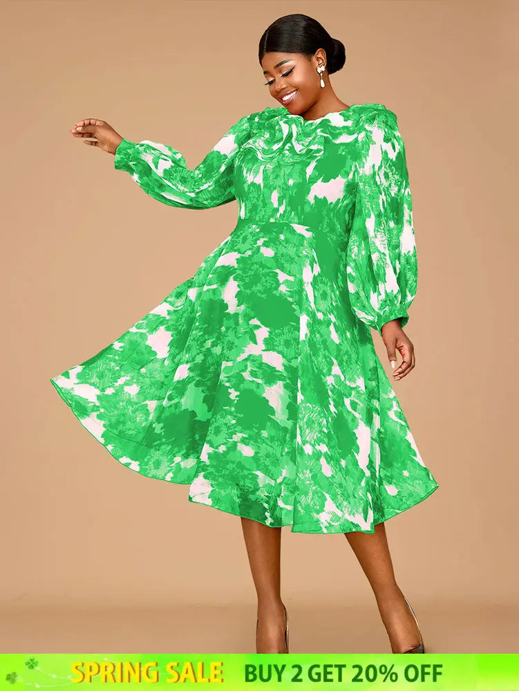 AOMEIDRESS Elegant Print A Line Midi Party Dress O Neck Latern Sleeves Green / S