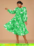 AOMEIDRESS Elegant Print A Line Midi Party Dress O Neck Latern Sleeves Green / S