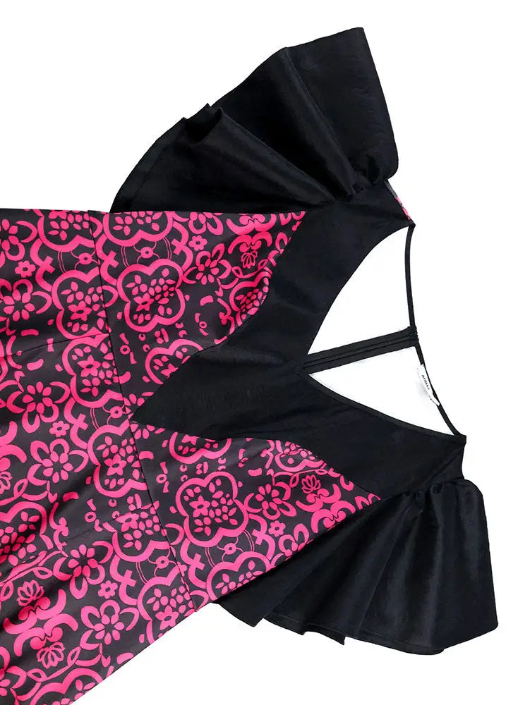 AOMEIDRESS Elegant Print Party Church Dress with Short Ruffle Sleeve