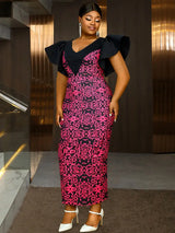 AOMEIDRESS Elegant Print Party Church Dress with Short Ruffle Sleeve