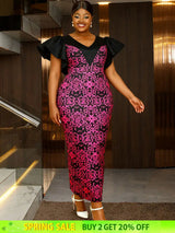 AOMEIDRESS Elegant Print Party Church Dress with Short Ruffle Sleeve Rose / S