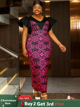 AOMEIDRESS Elegant Print Party Church Dress with Short Ruffle Sleeve Rose / S