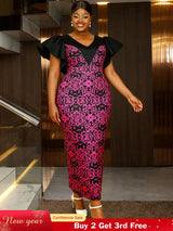 AOMEIDRESS Elegant Print Party Church Dress with Short Ruffle Sleeve Rose / S