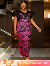 AOMEIDRESS Elegant Print Party Church Dress with Short Ruffle Sleeve Rose / S