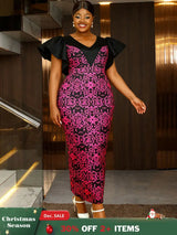 AOMEIDRESS Elegant Print Party Church Dress with Short Ruffle Sleeve Rose / S