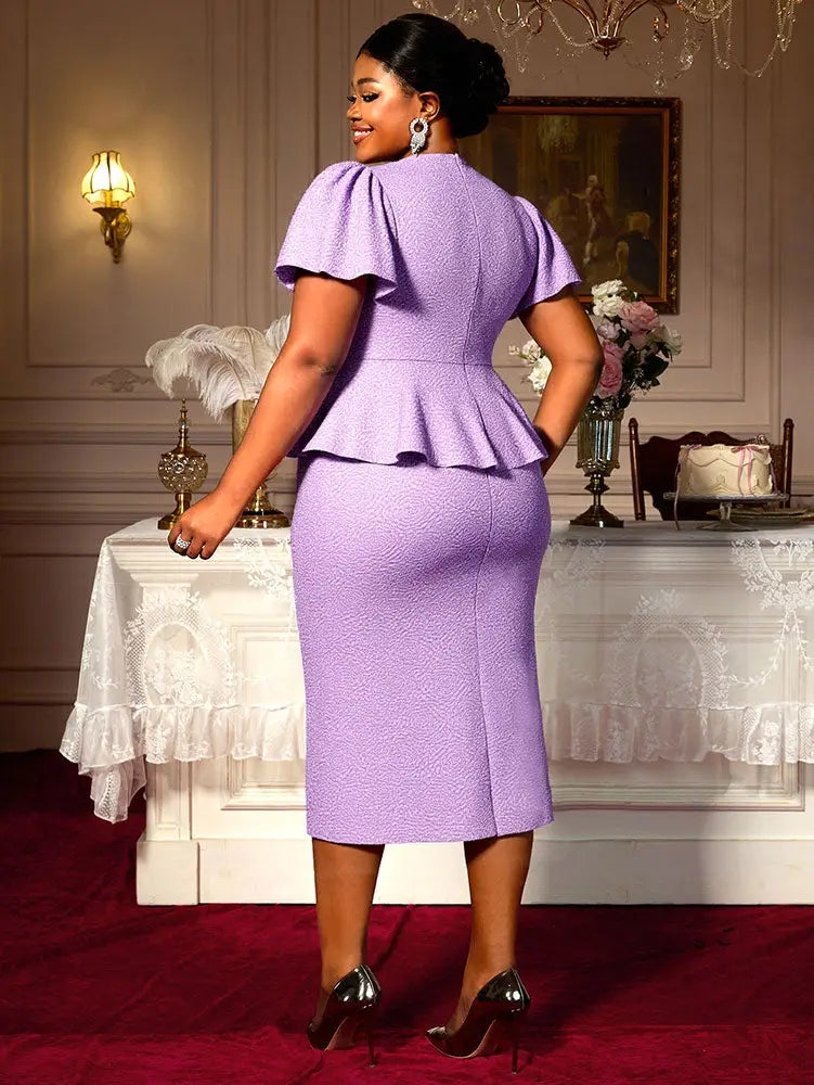 AOMEIDRESS Elegant Purple Jacquard Peplum Dress for Wedding Church