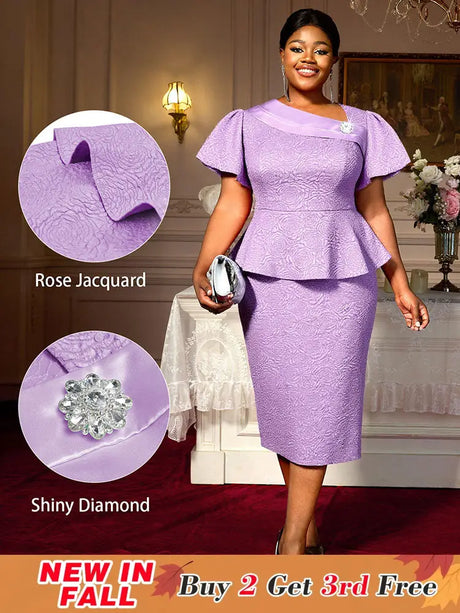AOMEIDRESS Elegant Purple Jacquard Peplum Dress for Wedding Church Purple / S