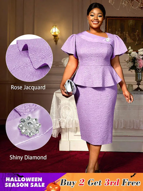 AOMEIDRESS Elegant Purple Jacquard Peplum Dress for Wedding Church Purple / S