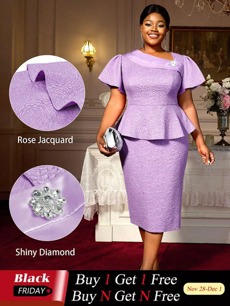 AOMEIDRESS Elegant Purple Jacquard Peplum Dress for Wedding Church Purple / S