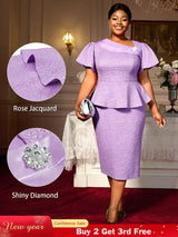 AOMEIDRESS Elegant Purple Jacquard Peplum Dress for Wedding Church Purple / S
