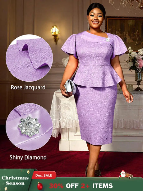AOMEIDRESS Elegant Purple Jacquard Peplum Dress for Wedding Church Purple / S