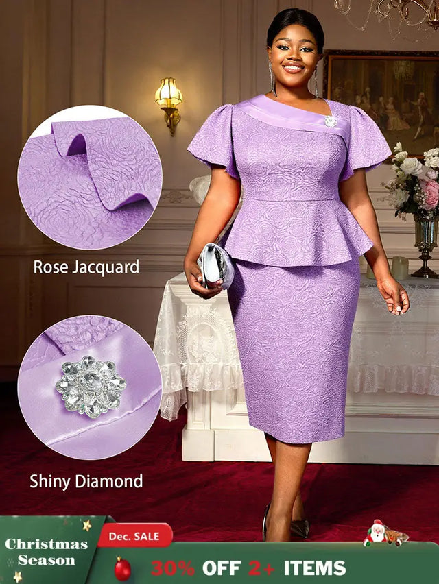 AOMEIDRESS Elegant Purple Jacquard Peplum Dress for Wedding Church Purple / S