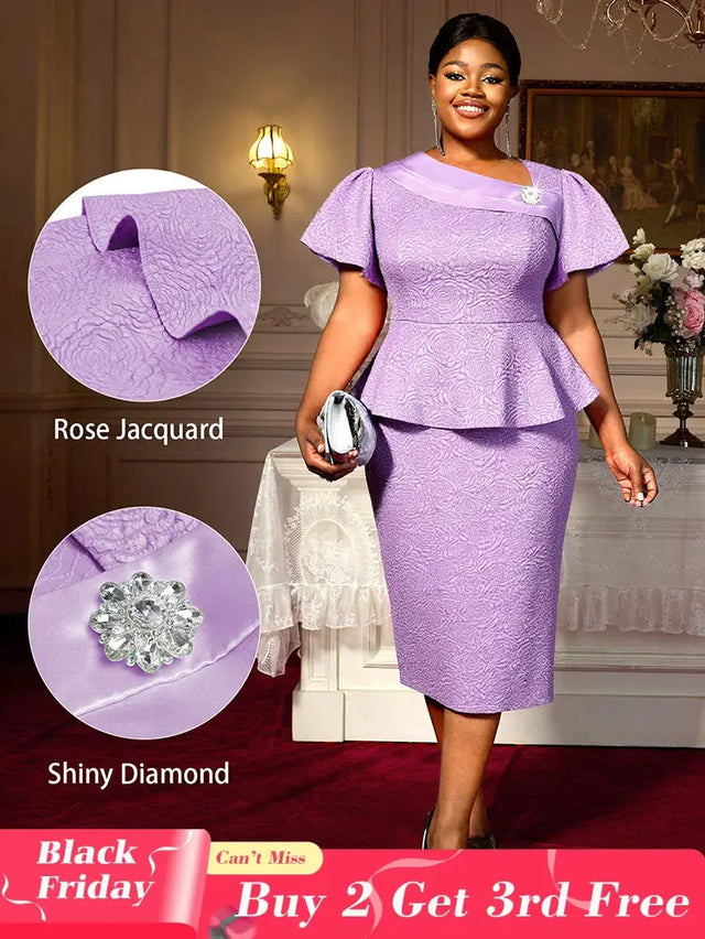 AOMEIDRESS Elegant Purple Jacquard Peplum Dress for Wedding Church Purple / S