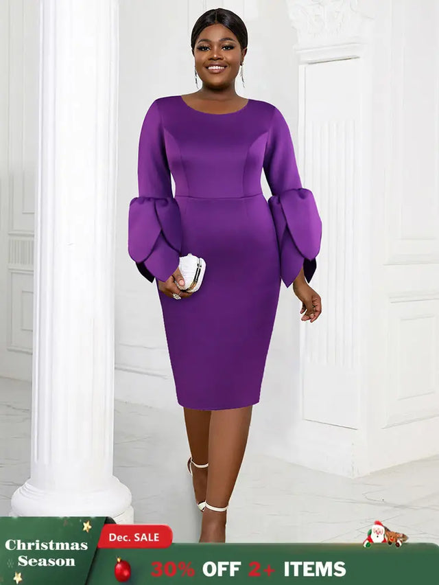 AOMEIDRESS Elegant Purple Midi Dress for Party Wedding Ruffles Sleeve Purple / S