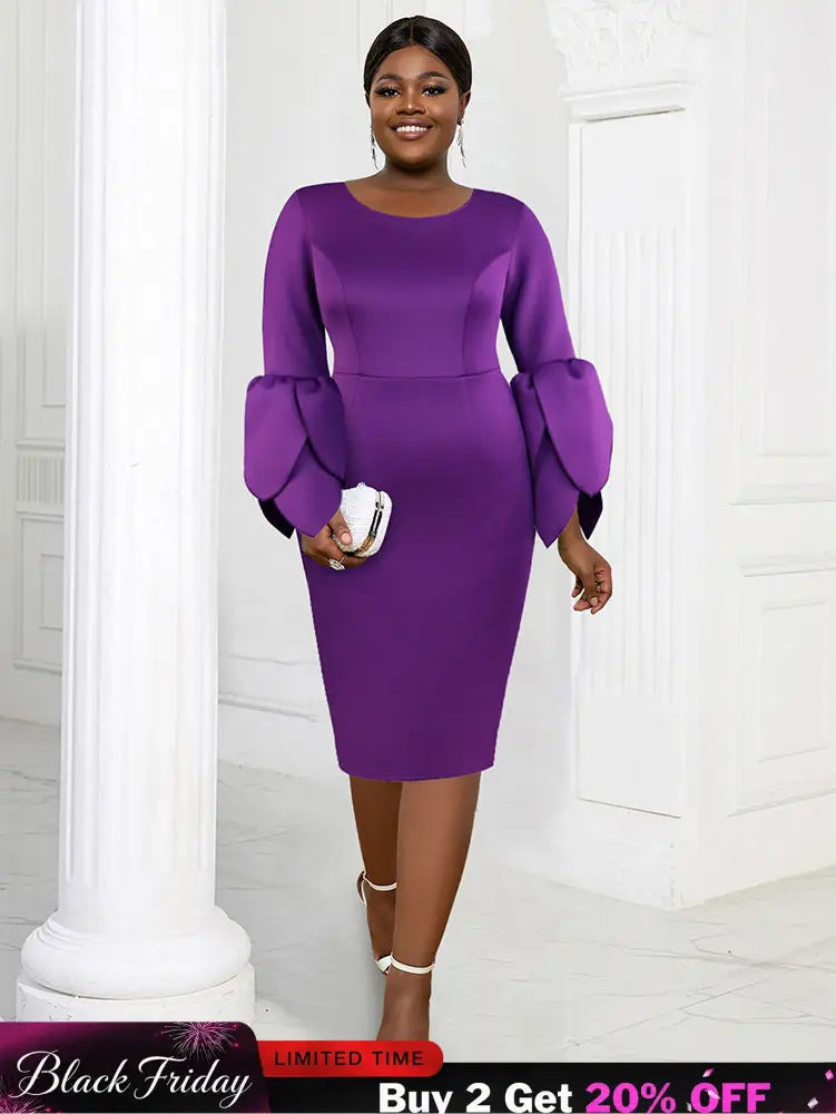 AOMEIDRESS Elegant Purple Midi Dress for Party Wedding Ruffles Sleeve Purple / S