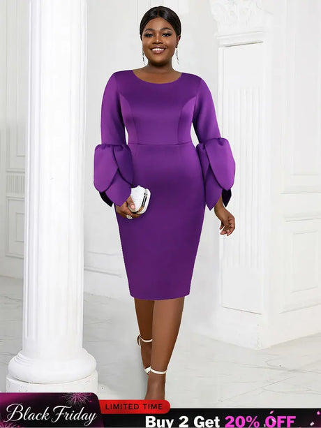 AOMEIDRESS Elegant Purple Midi Dress for Party Wedding Ruffles Sleeve Purple / S
