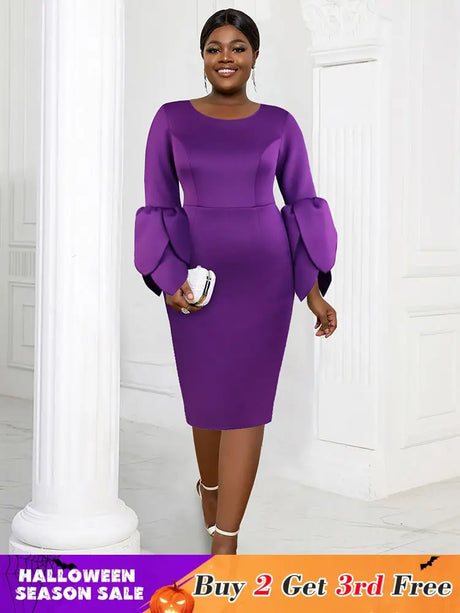 AOMEIDRESS Elegant Purple Midi Dress for Party Wedding Ruffles Sleeve Purple / S