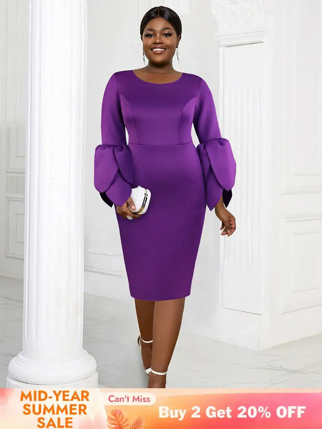 AOMEIDRESS Elegant Purple Midi Dress for Party Wedding Ruffles Sleeve Purple / S