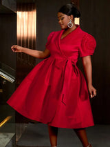 AOMEIDRESS Elegant Red A Line Dress for Christmas Wedding Puff Sleeve