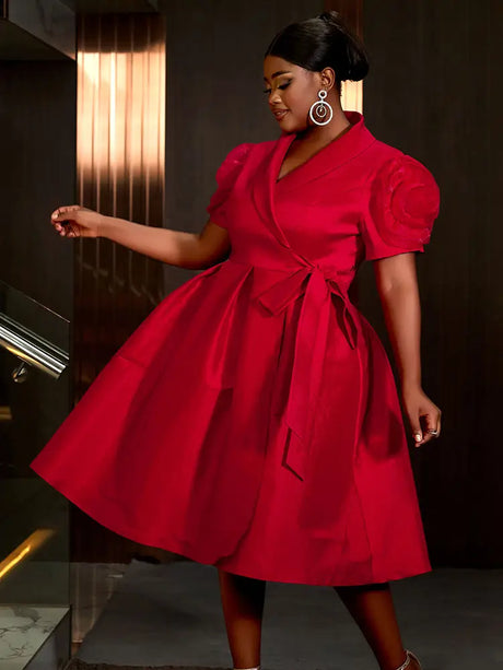 AOMEIDRESS Elegant Red A Line Dress for Christmas Wedding Puff Sleeve