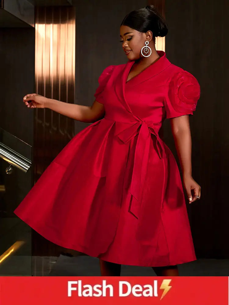 AOMEIDRESS Elegant Red A Line Dress for Christmas Wedding Puff Sleeve