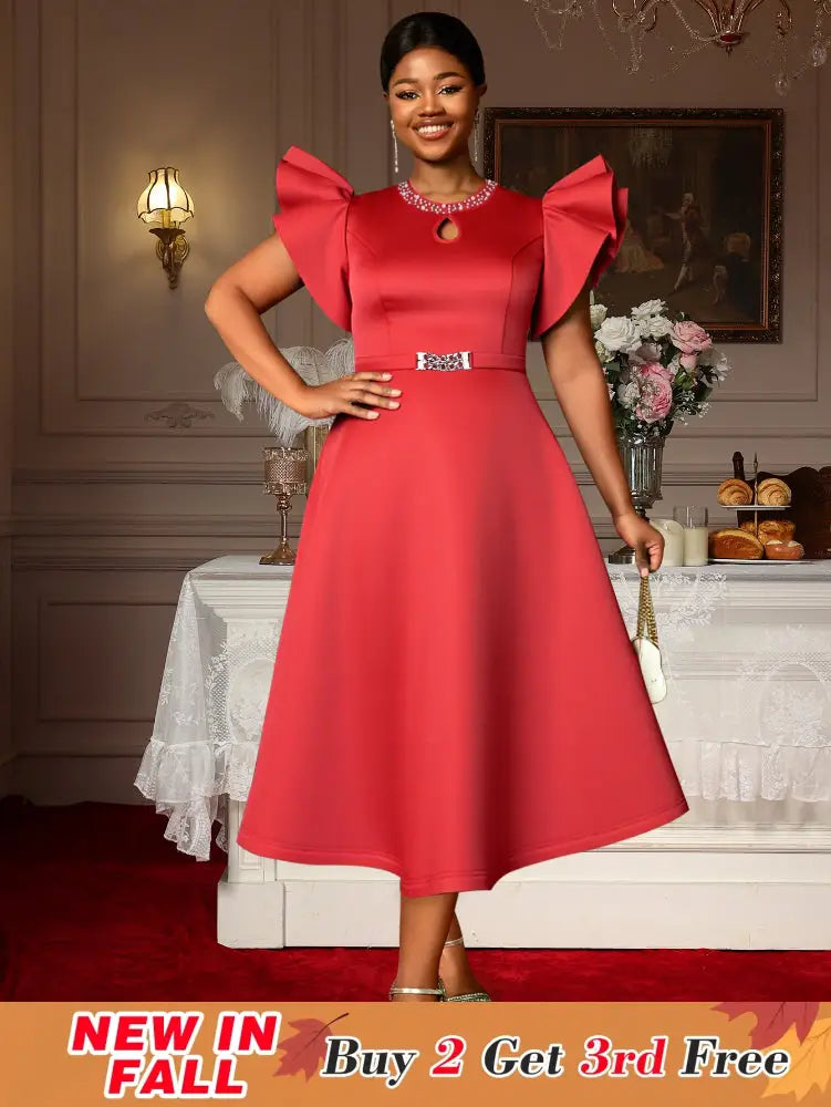 AOMEIDRESS Elegant Red A Line Ruffle Dress for Wedding Christmas Red / S