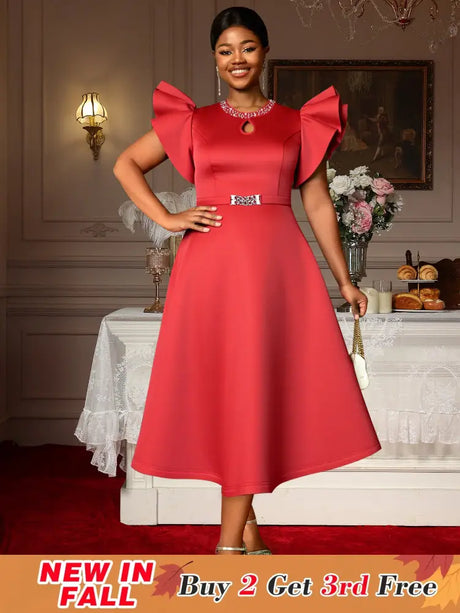 AOMEIDRESS Elegant Red A Line Ruffle Dress for Wedding Christmas Red / S