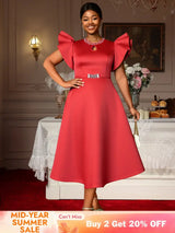 AOMEIDRESS Elegant Red A Line Ruffle Dress for Wedding Christmas Red / S