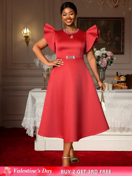 AOMEIDRESS Elegant Red A Line Ruffle Dress for Wedding Christmas Red / S