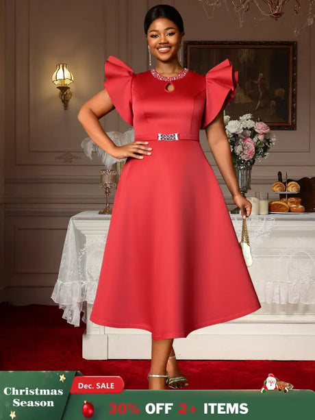 AOMEIDRESS Elegant Red A Line Ruffle Dress for Wedding Christmas Red / S