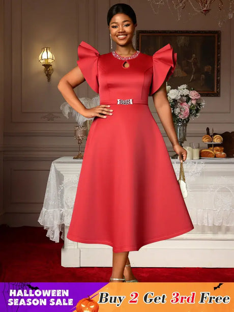 AOMEIDRESS Elegant Red A Line Ruffle Dress for Wedding Christmas Red / S