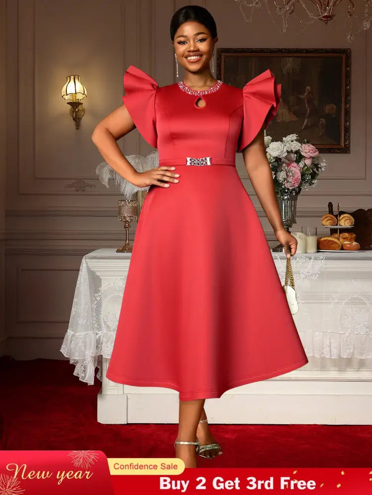 AOMEIDRESS Elegant Red A Line Ruffle Dress for Wedding Christmas Red / S