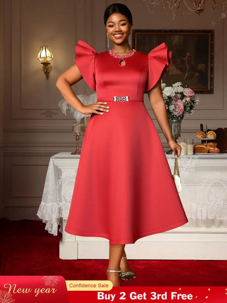 AOMEIDRESS Elegant Red A Line Ruffle Dress for Wedding Christmas Red / S