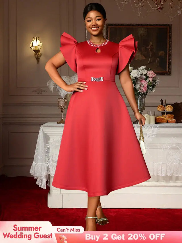 AOMEIDRESS Elegant Red A Line Ruffle Dress for Wedding Christmas Red / S