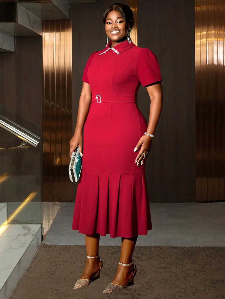 AOMEIDRESS Elegant Red Mermaid Church Party Dress With Waist Belt