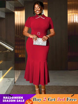 AOMEIDRESS Elegant Red Mermaid Church Party Dress With Waist Belt Red / S